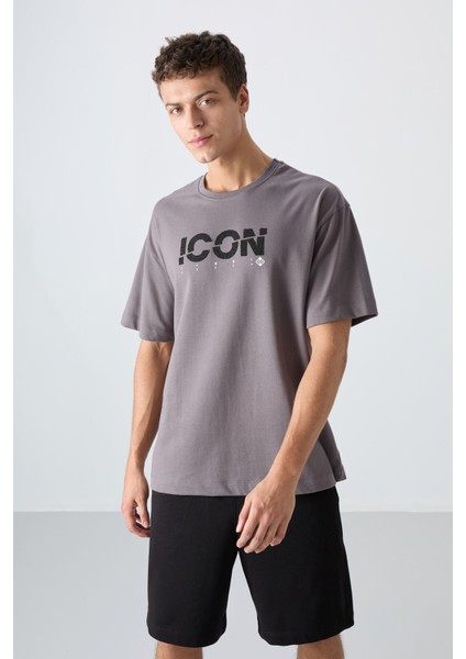 Koyu Gri Pamuklu Kalın Yumuşak Dokulu Oversize Fit Baskılı Erkek T-Shirt - 88331