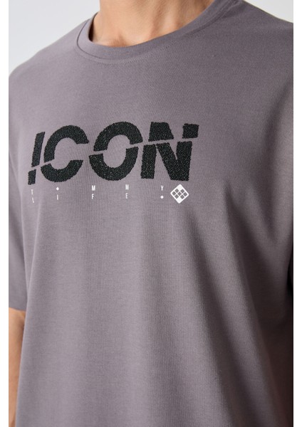 Koyu Gri Pamuklu Kalın Yumuşak Dokulu Oversize Fit Baskılı Erkek T-Shirt - 88331 modelleri