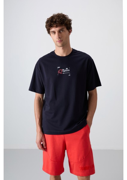 Lacivert Pamuklu Kalın Yumuşak Dokulu Oversize Fit Baskılı Erkek T-Shirt - 88350