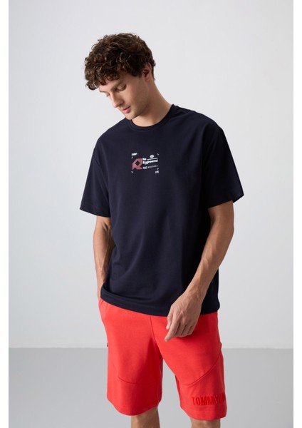 Lacivert Pamuklu Kalın Yumuşak Dokulu Oversize Fit Baskılı Erkek T-Shirt - 88350 fırsatları