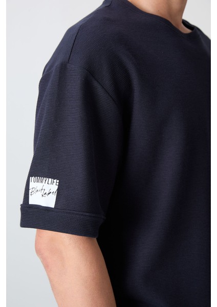 Lacivert Pamuklu Kalın Yüzeyi Dokulu Oversize Fit Basic Erkek T-Shirt - 88339 modelleri