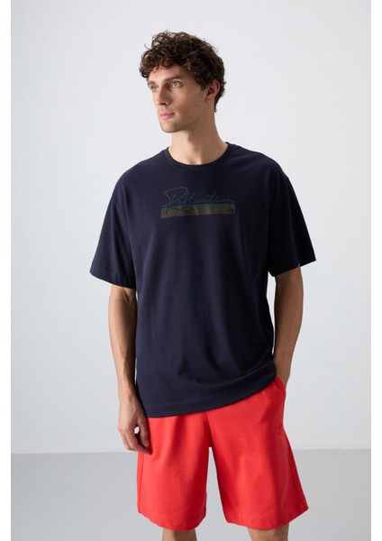 Lacivert Pamuklu Kalın Yumuşak Dokulu Oversize Fit Baskılı Erkek T-Shirt - 88334