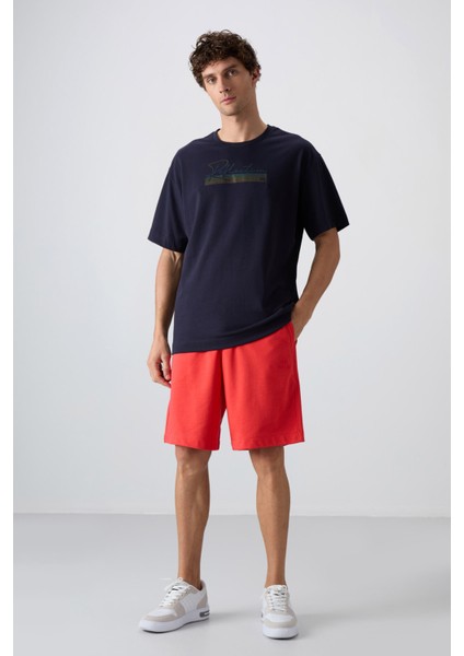 Lacivert Pamuklu Kalın Yumuşak Dokulu Oversize Fit Baskılı Erkek T-Shirt - 88334 fiyatları