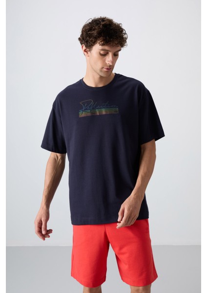 Lacivert Pamuklu Kalın Yumuşak Dokulu Oversize Fit Baskılı Erkek T-Shirt - 88334 modelleri