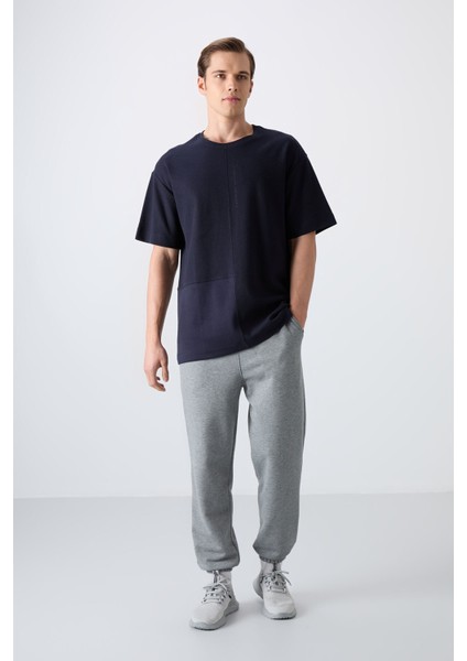 Lacivert Pamuklu Kalın Yüzeyi Dokulu Oversize Fit Basic Erkek T-Shirt - 88337 fiyatları