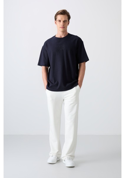 Lacivert Pamuklu Kalın Yüzeyi Dokulu Oversize Fit Baskılı Erkek T-Shirt - 88336 fiyatları