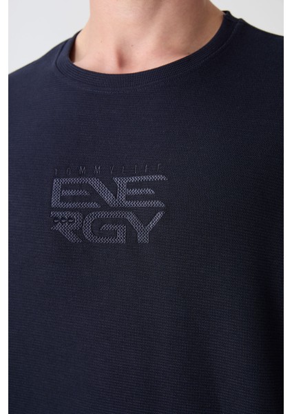 Lacivert Pamuklu Kalın Yüzeyi Dokulu Oversize Fit Baskılı Erkek T-Shirt - 88336 modelleri