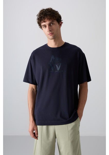 Lacivert Pamuklu Kalın Yumuşak Dokulu Oversize Fit Baskılı Erkek T-Shirt - 88332