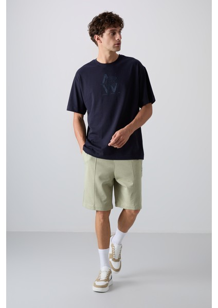 Lacivert Pamuklu Kalın Yumuşak Dokulu Oversize Fit Baskılı Erkek T-Shirt - 88332 fiyatları