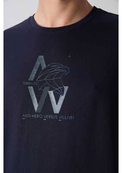 Lacivert Pamuklu Kalın Yumuşak Dokulu Oversize Fit Baskılı Erkek T-Shirt - 88332 modelleri