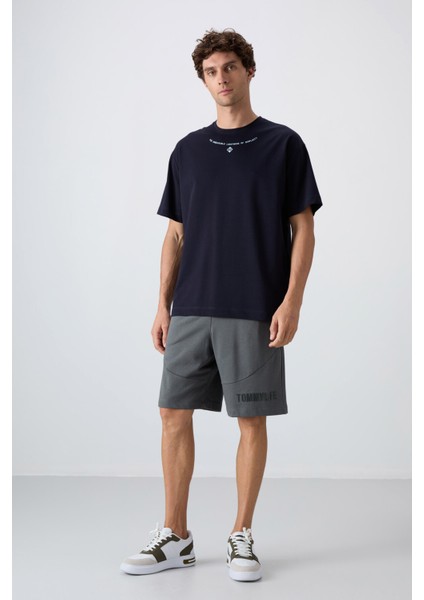 Lacivert Pamuklu Kalın Yumuşak Dokulu Oversize Fit Baskılı Erkek T-Shirt - 88343 modelleri