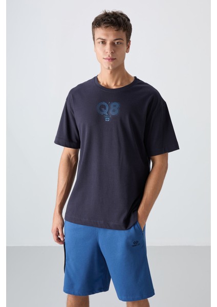 Lacivert Pamuklu Kalın Yumuşak Dokulu Oversize Fit Baskılı Erkek T-Shirt - 88333
