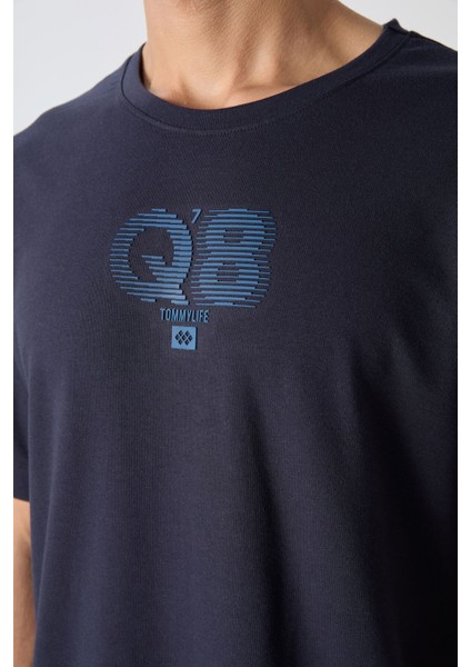 Lacivert Pamuklu Kalın Yumuşak Dokulu Oversize Fit Baskılı Erkek T-Shirt - 88333 modelleri