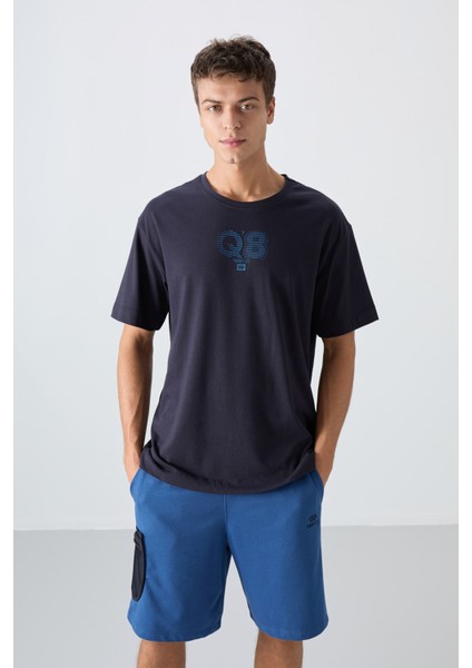 Lacivert Pamuklu Kalın Yumuşak Dokulu Oversize Fit Baskılı Erkek T-Shirt - 88333 fırsatları
