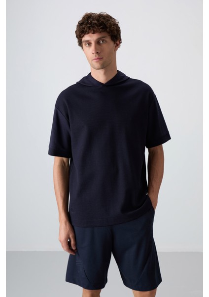 Lacivert Pamuklu Kalın Yüzeyi Dokulu Oversize Fit Basic Erkek T-Shirt - 88335