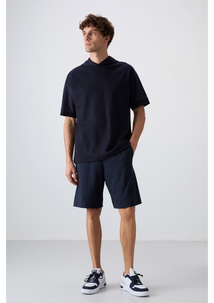 Lacivert Pamuklu Kalın Yüzeyi Dokulu Oversize Fit Basic Erkek T-Shirt - 88335 fırsatları