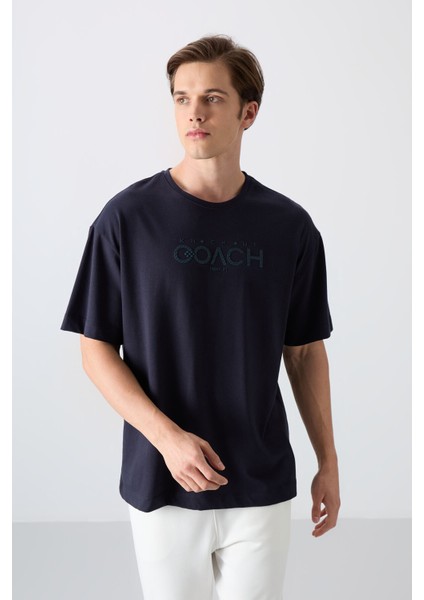 Lacivert Pamuklu Kalın Yumuşak Dokulu Oversize Fit Baskılı Erkek T-Shirt - 88329