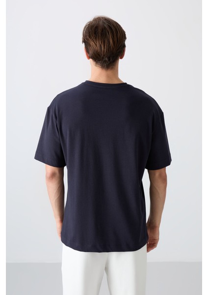Lacivert Pamuklu Kalın Yumuşak Dokulu Oversize Fit Baskılı Erkek T-Shirt - 88329 indirimleri