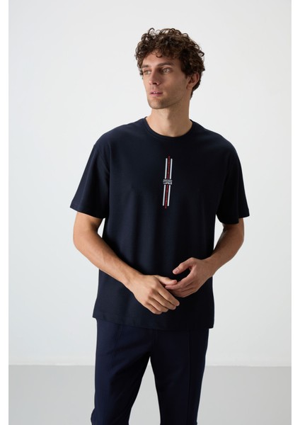 Lacivert Pamuklu Kalın Yüzeyi Dokulu Oversize Fit Baskılı Erkek T-Shirt - 88366