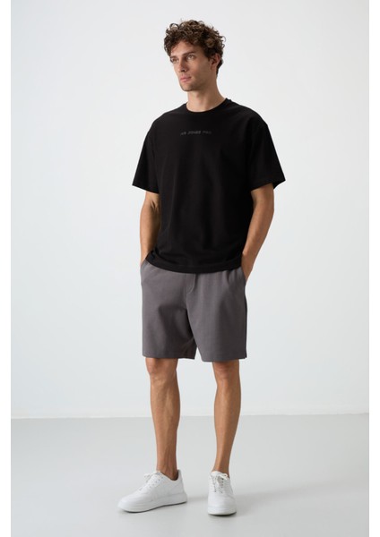 Siyah Pamuklu Kalın Yüzeyi Dokulu Oversize Fit Baskılı Erkek T-Shirt - 88364 modelleri