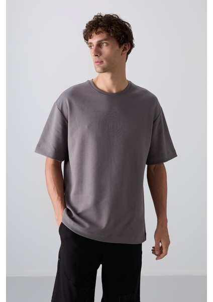 Koyu Gri Pamuklu Kalın Yumuşak Dokulu Oversize Fit Baskılı Erkek T-Shirt - 88324