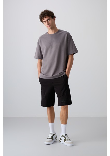 Koyu Gri Pamuklu Kalın Yumuşak Dokulu Oversize Fit Baskılı Erkek T-Shirt - 88324 fiyatları