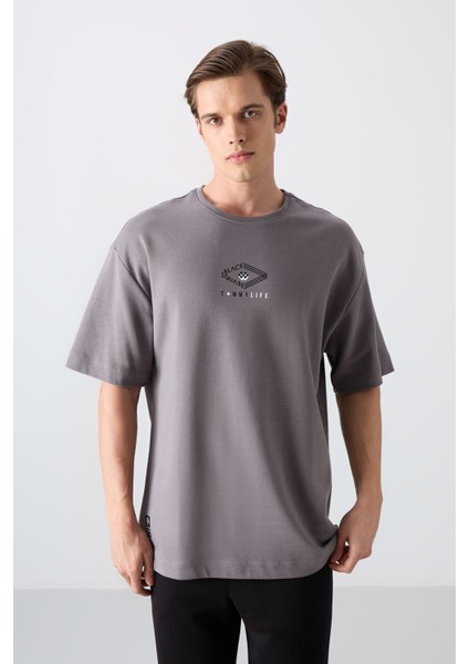 Koyu Gri Pamuklu Kalın Yumuşak Dokulu Oversize Fit Baskılı Erkek T-Shirt - 88325