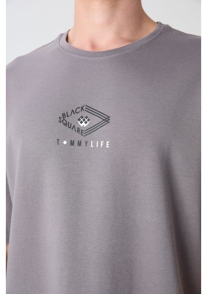Koyu Gri Pamuklu Kalın Yumuşak Dokulu Oversize Fit Baskılı Erkek T-Shirt - 88325 modelleri