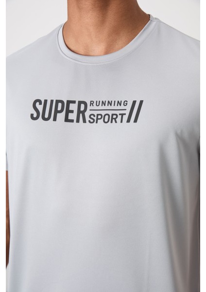 Gri Polyester Nefes Alan Dokulu İnce Esnek Standart Fit Erkek Performans T-Shirt - 88385 modelleri