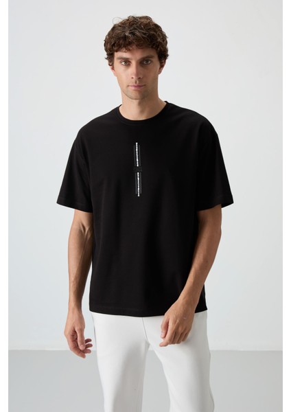 Siyah Pamuklu Kalın Yüzeyi Dokulu Oversize Fit Baskılı Erkek T-Shirt - 88366