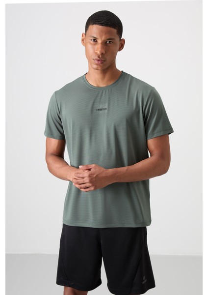 Haki Polyester Nefes Alan Dokulu İnce Esnek Standart Fit Erkek Performans T-Shirt - 88384 fırsatları
