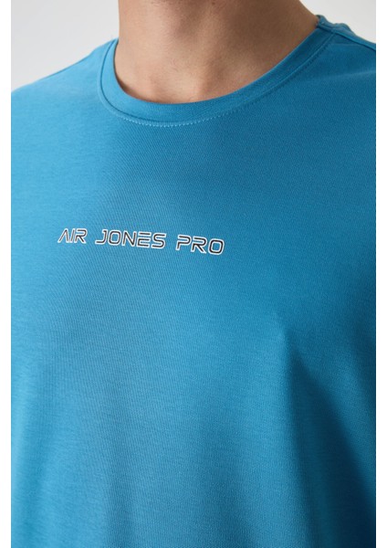 Petrol Mavi Pamuklu Kalın Yüzeyi Dokulu Oversize Fit Baskılı Erkek T-Shirt - 88364 fiyatları