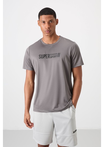 Koyu Gri Polyester Nefes Alan Dokulu İnce Esnek Standart Fit Erkek Performans T-Shirt - 88385