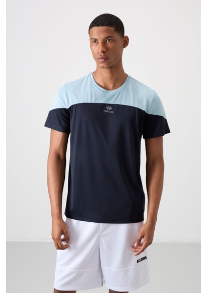 Lacivert Polyester Nefes Alan Dokulu İnce Esnek Standart Fit Erkek Performans T-Shirt - 88386