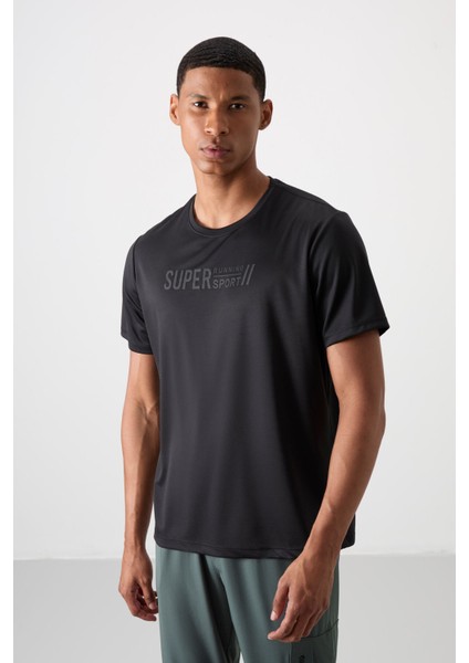 Siyah Polyester Nefes Alan Dokulu İnce Esnek Standart Fit Erkek Performans T-Shirt - 88385