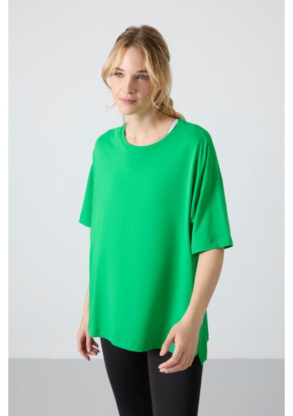 Yeşil Penye Modal Yumuşak Tuşeli Oversize Fit Basic Kadın T-Shirt- 97285 fiyatları