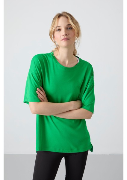 Yeşil Penye Modal Yumuşak Tuşeli Oversize Fit Basic Kadın T-Shirt- 97285 fırsatları