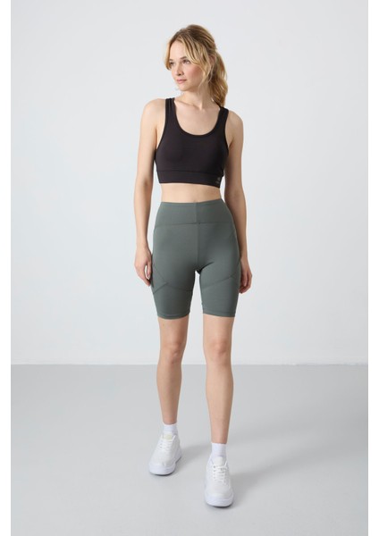 Haki Esnek Standart Fit Performans Kadın Biker Tayt - 91013