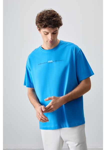 Petrol Mavi %100 Pamuk Kalın Yumuşak Dokulu Oversize Fit Baskılı Erkek T-Shirt - 88357