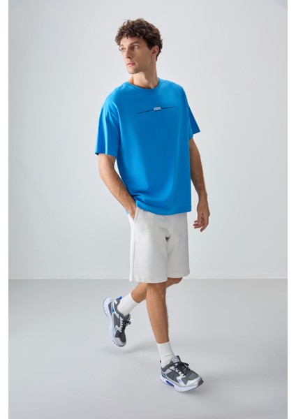 Petrol Mavi %100 Pamuk Kalın Yumuşak Dokulu Oversize Fit Baskılı Erkek T-Shirt - 88357 fiyatları