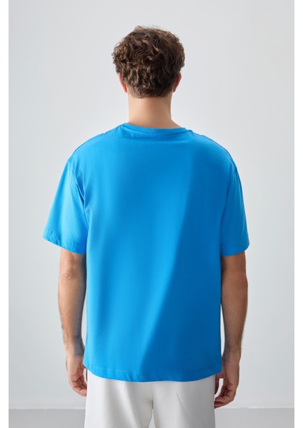 Petrol Mavi %100 Pamuk Kalın Yumuşak Dokulu Oversize Fit Baskılı Erkek T-Shirt - 88357 indirimleri