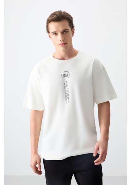 Ekru %100 Pamuk Kalın Yumuşak Dokulu Oversize Fit Baskılı Erkek T-Shirt - 88355