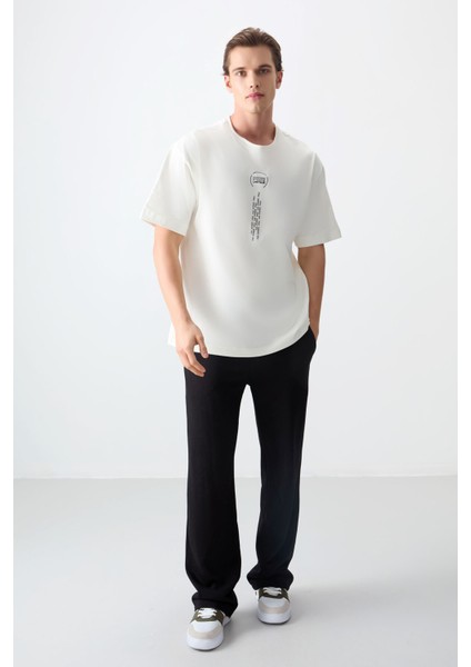 Ekru %100 Pamuk Kalın Yumuşak Dokulu Oversize Fit Baskılı Erkek T-Shirt - 88355 fiyatları