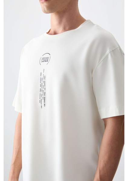 Ekru %100 Pamuk Kalın Yumuşak Dokulu Oversize Fit Baskılı Erkek T-Shirt - 88355 modelleri