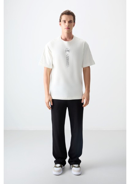 Ekru %100 Pamuk Kalın Yumuşak Dokulu Oversize Fit Baskılı Erkek T-Shirt - 88355 indirimleri