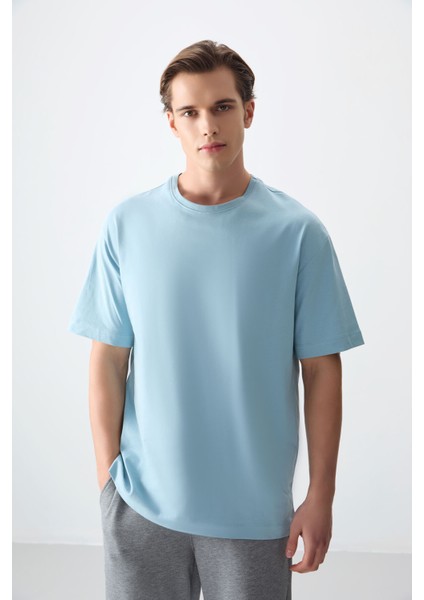 Açık Mavi %100 Pamuk Kalın Yumuşak Dokulu Oversize Fit Basic Erkek T-Shirt - 88353