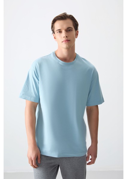 Açık Mavi %100 Pamuk Kalın Yumuşak Dokulu Oversize Fit Basic Erkek T-Shirt - 88353 modelleri