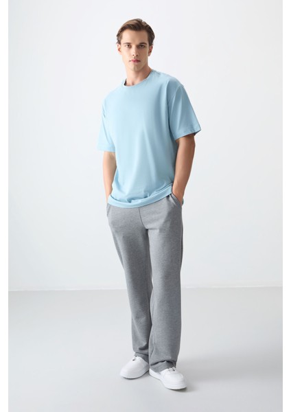 Açık Mavi %100 Pamuk Kalın Yumuşak Dokulu Oversize Fit Basic Erkek T-Shirt - 88353 fırsatları