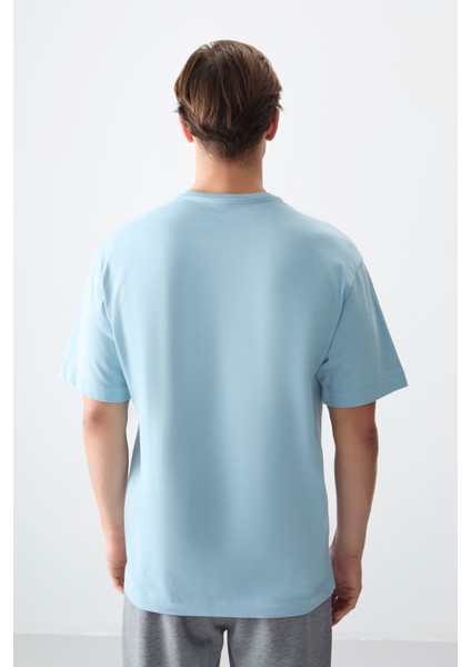 Açık Mavi %100 Pamuk Kalın Yumuşak Dokulu Oversize Fit Basic Erkek T-Shirt - 88353 indirimleri