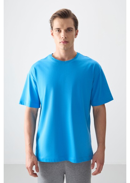 Petrol Mavi %100 Pamuk Kalın Yumuşak Dokulu Oversize Fit Basic Erkek T-Shirt - 88353